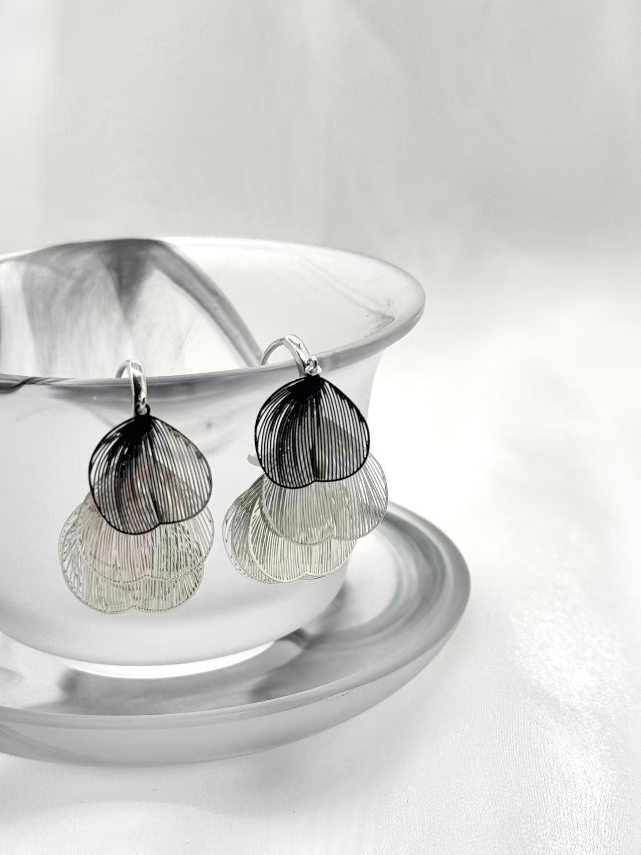 Layered Silver Petal Drop Earrings