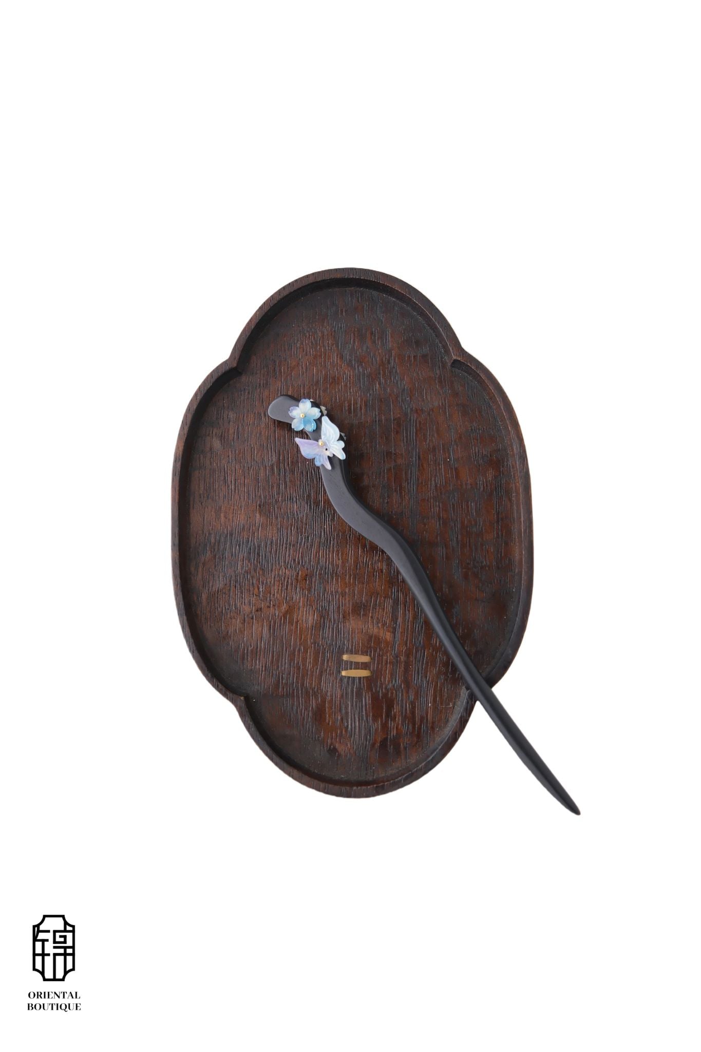 Vintage Wooden Tray & Blue Purple Floral Hairpin Set