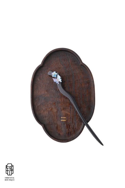 Vintage Wooden Tray & Blue Purple Floral Hairpin Set