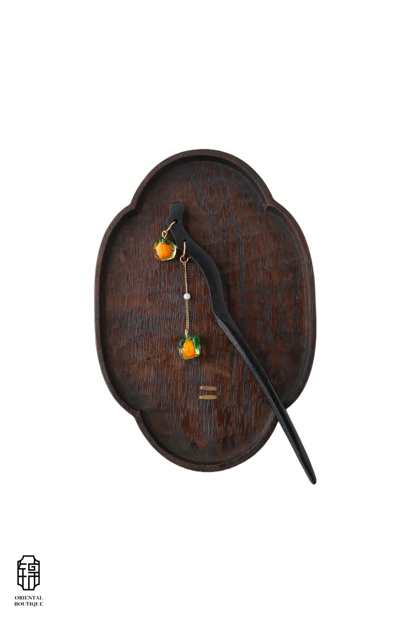 Vintage Wooden Tray & Orange Bead Tassel Hairpin Set