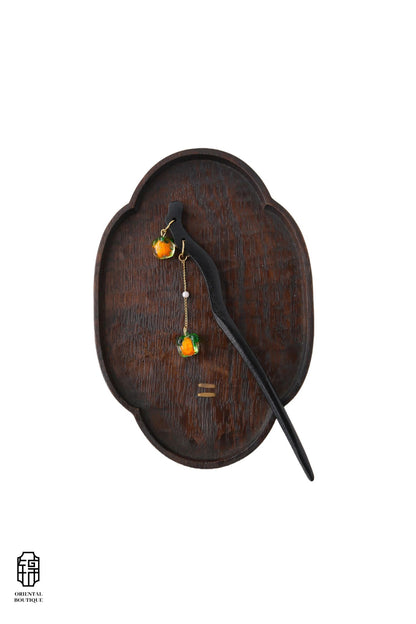 Vintage Wooden Tray & Orange Bead Tassel Hairpin Set
