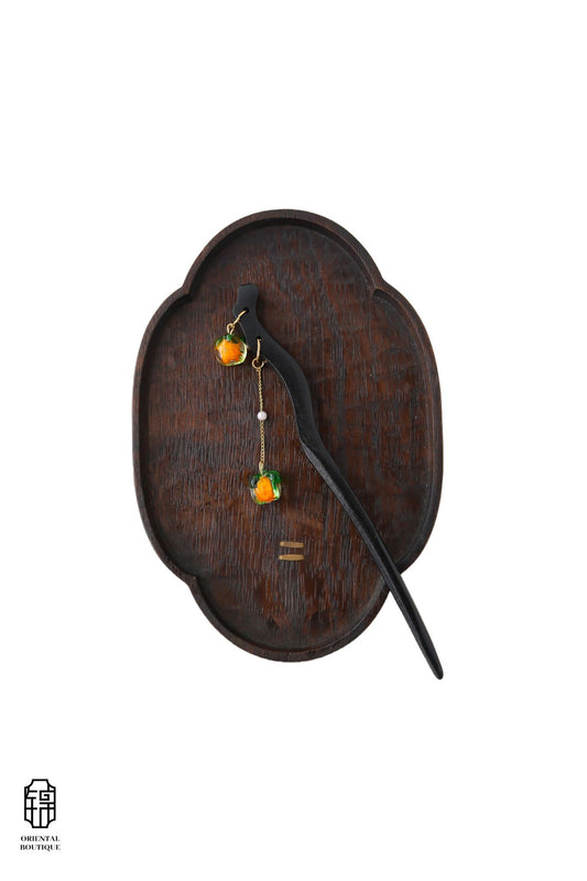 Vintage Wooden Tray & Orange Bead Tassel Hairpin Set