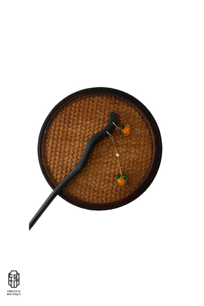 Vintage Wooden Tray & Orange Bead Tassel Hairpin Set