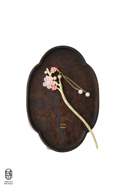 Vintage Wooden Tray & Pink Floral Pearl Tassel Hairpin Set