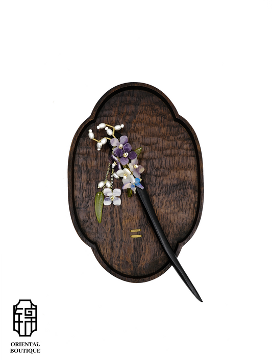 Purple Floral Hairpin with Pearl Tassels