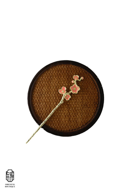 Vintage Wooden Tray & Pink Blossom Hairpin Set