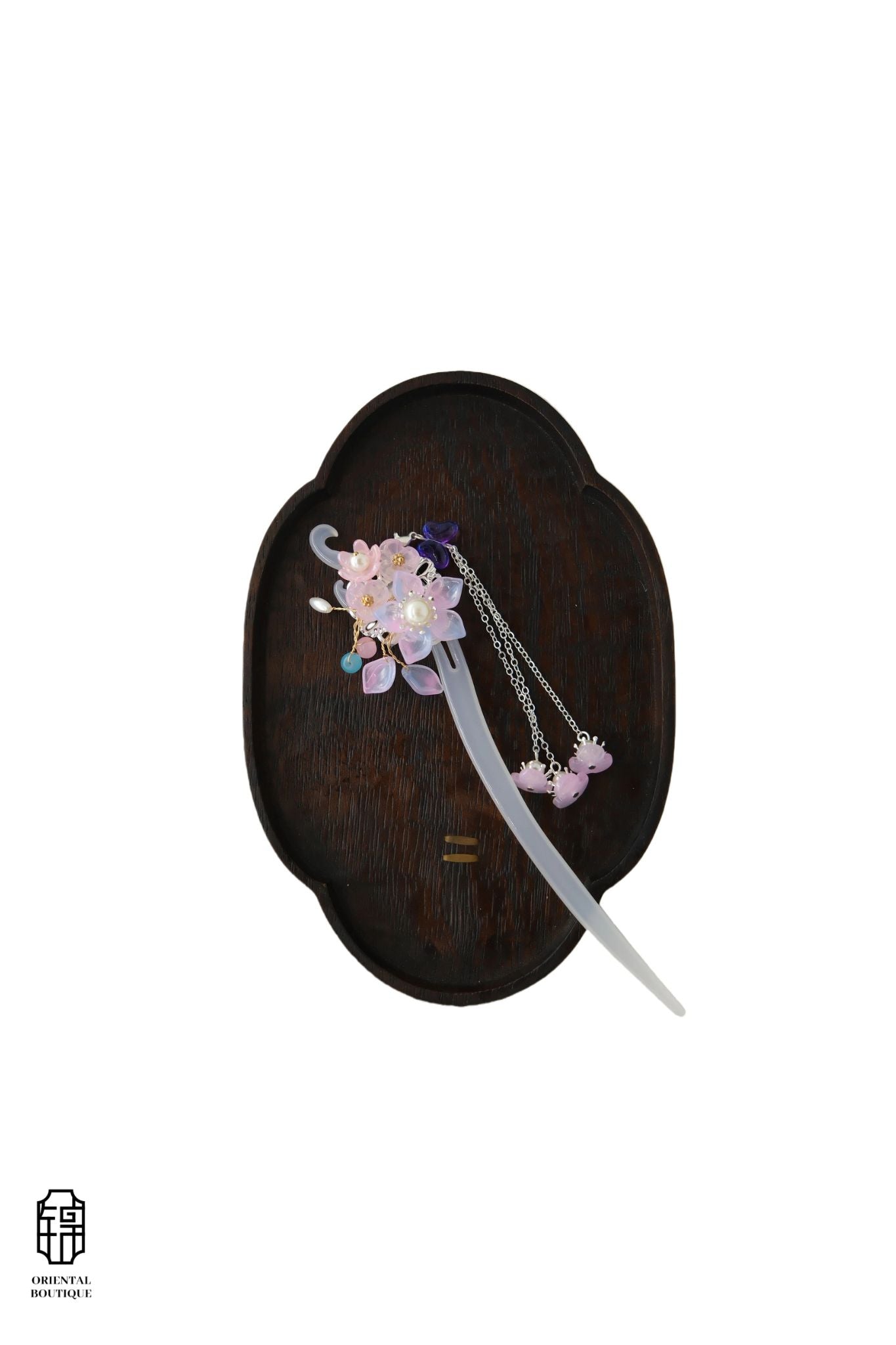 Vintage Wooden Tray & Pink Floral Tassel Hairpin Set