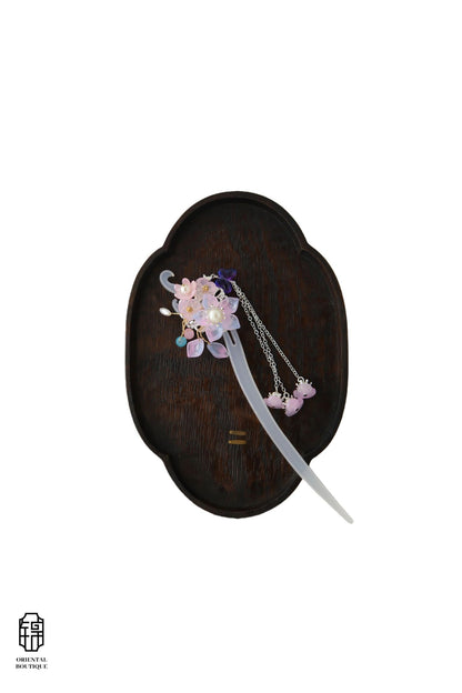 Vintage Wooden Tray & Pink Floral Tassel Hairpin Set