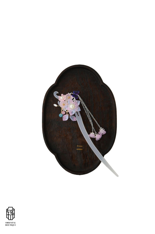 Vintage Wooden Tray & Pink Floral Tassel Hairpin Set