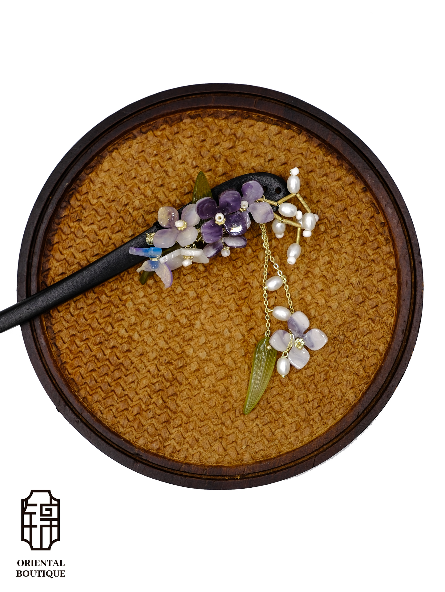 Purple Floral Hairpin with Pearl Tassels