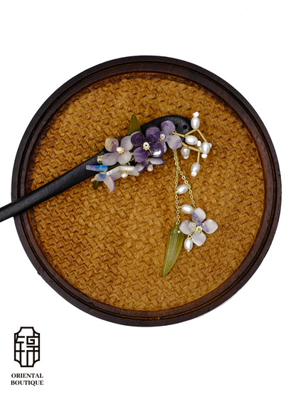 Purple Floral Hairpin with Pearl Tassels