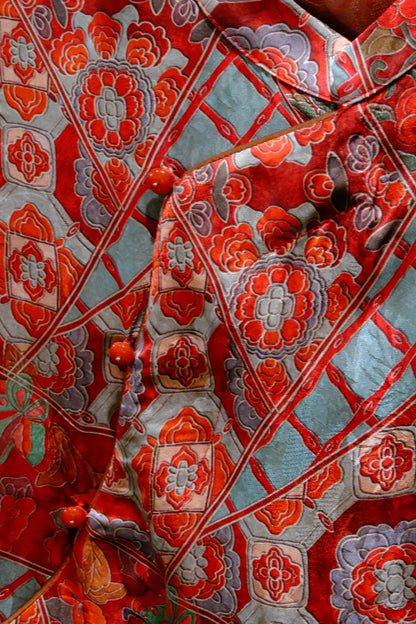 Jacquard Rayon Xiangyun Silk Top – Red Floral Patchwork Design | New Chinese Style