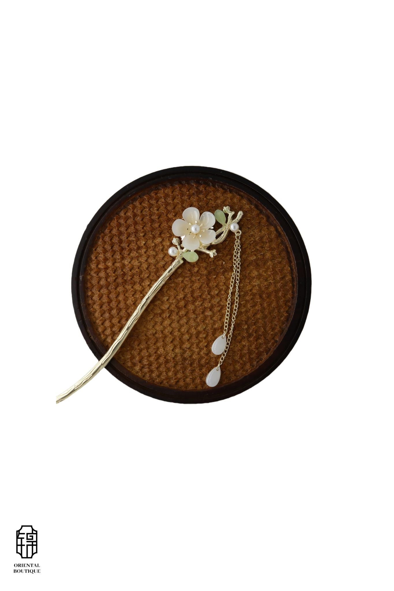 Vintage Wooden Tray & White Floral Tassel Hairpin Set