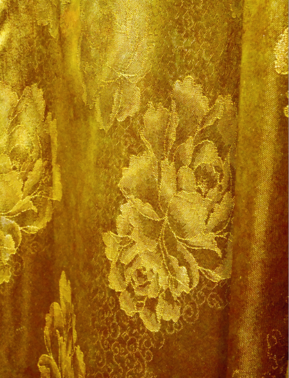 Artistic Jacquard Rayon Wrap Blouse – Golden Floral Pattern with Contrast Trim | New Chinese Style