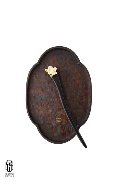 Vintage Wooden Tray & Ivory Floral Hairpin Set