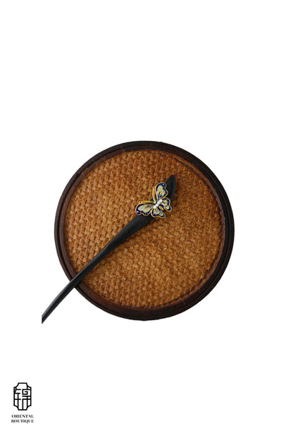 Vintage Wooden Tray & Blue Butterfly Hairpin Set