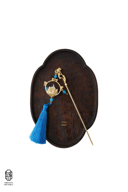 Vintage Wooden Tray & Blue Lotus Tassel Hairpin Set