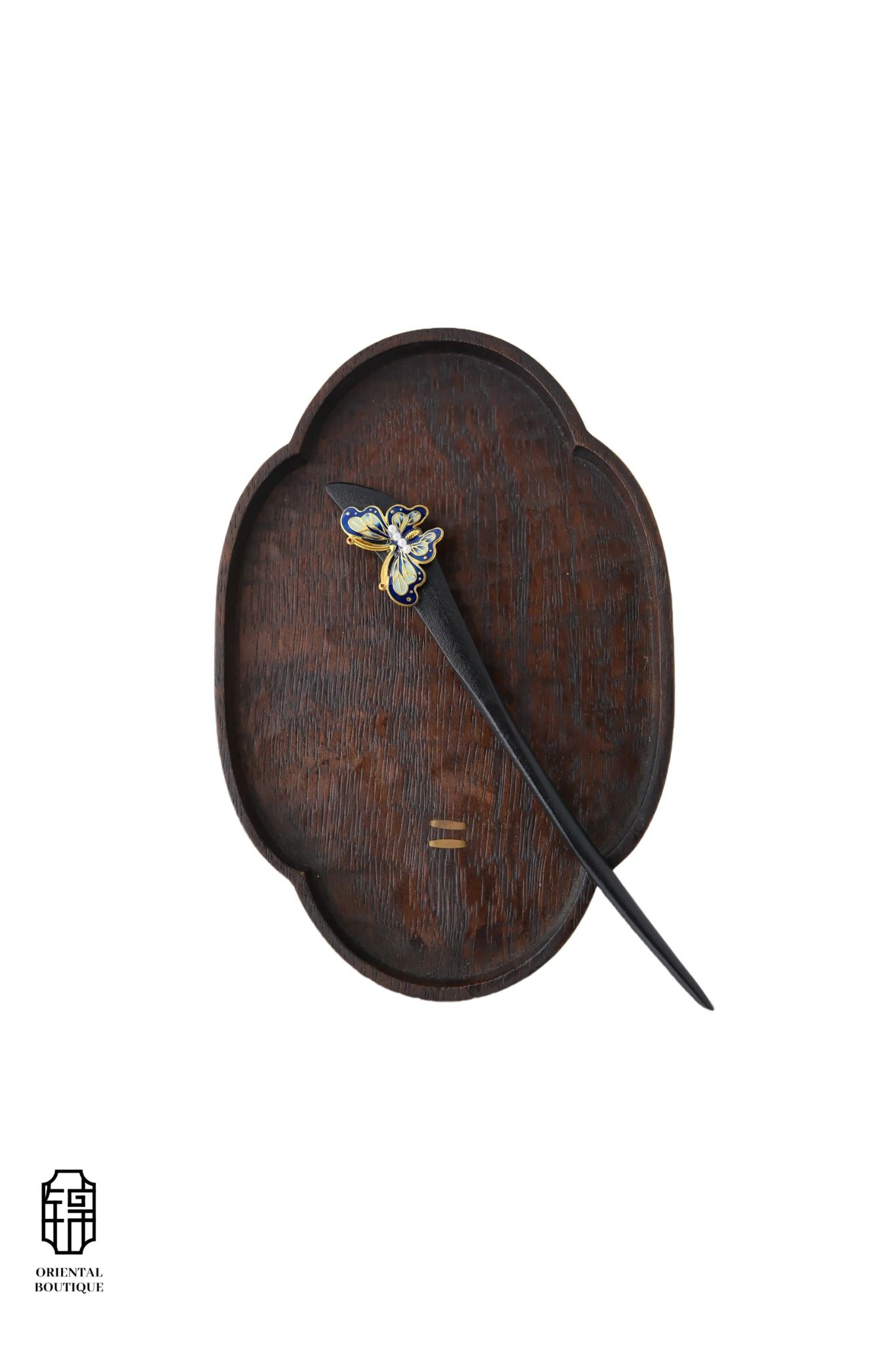 Vintage Wooden Tray & Blue Butterfly Hairpin Set