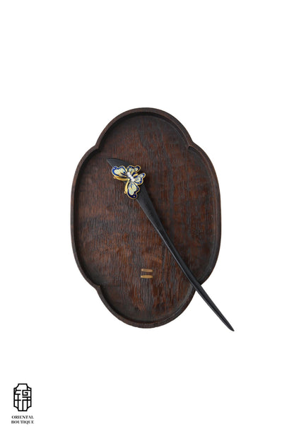 Vintage Wooden Tray & Blue Butterfly Hairpin Set