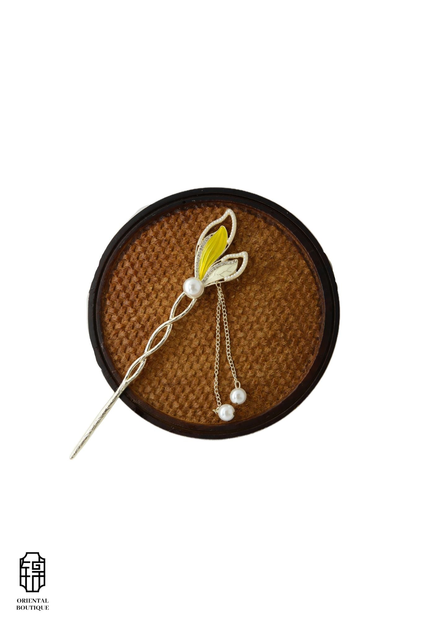 Vintage Wooden Tray & Yellow Leaf Pearl Tassel Hairpin Set