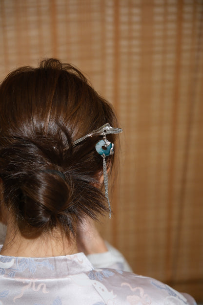 Vintage Wooden Tray & Silver Jade Tassel Hairpin Set