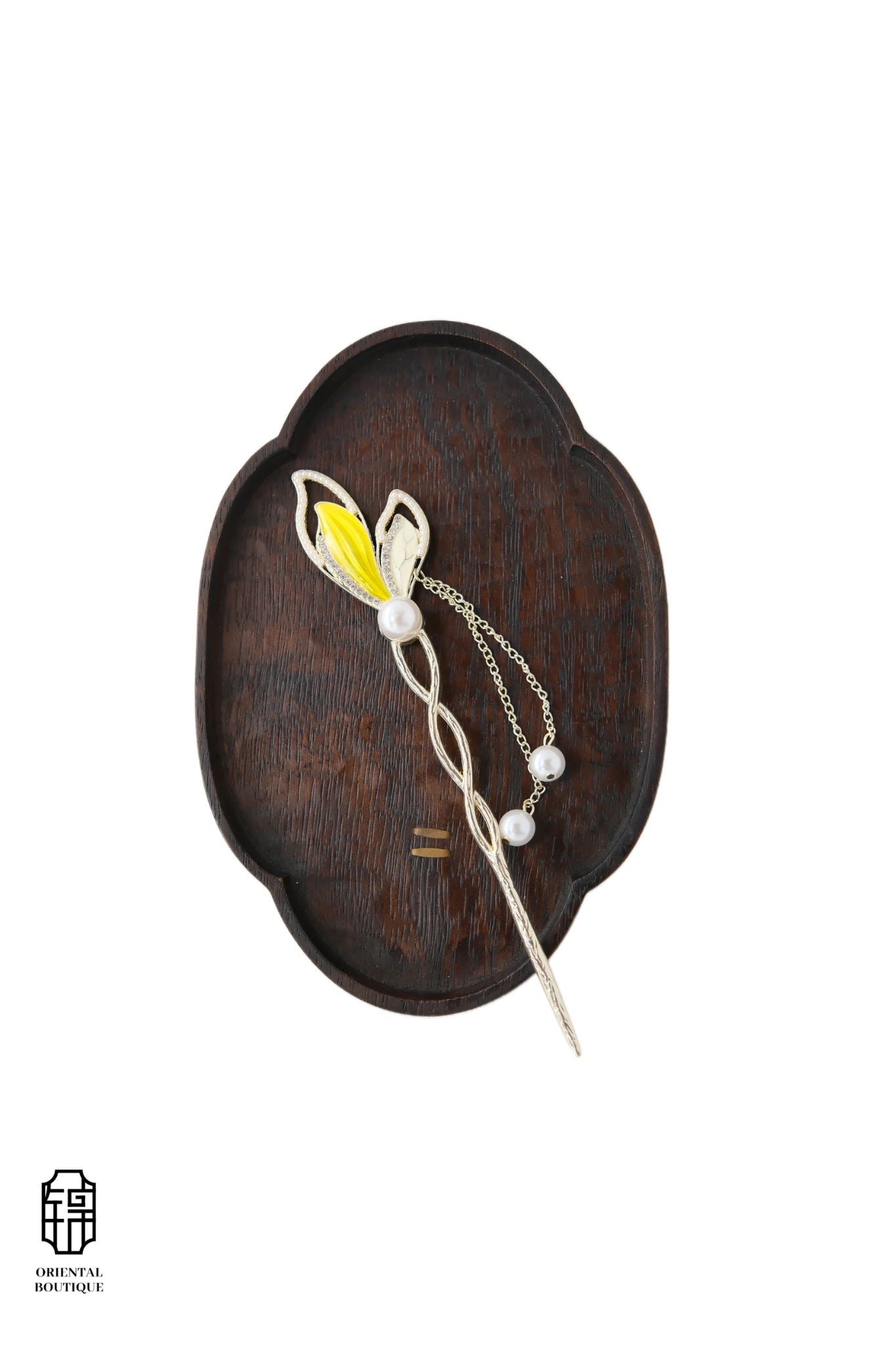 Vintage Wooden Tray & Yellow Leaf Pearl Tassel Hairpin Set