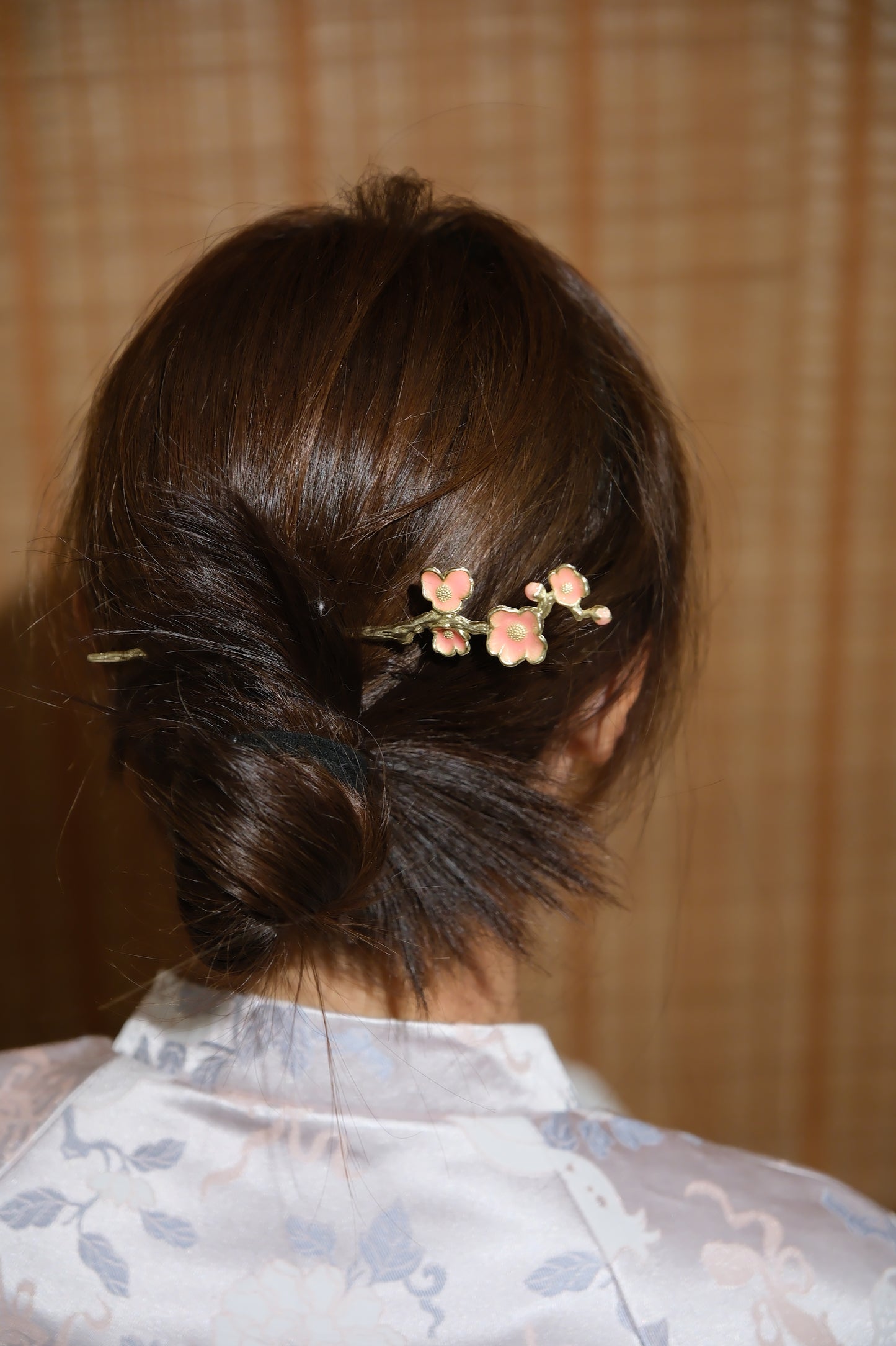 Vintage Wooden Tray & Pink Blossom Hairpin Set