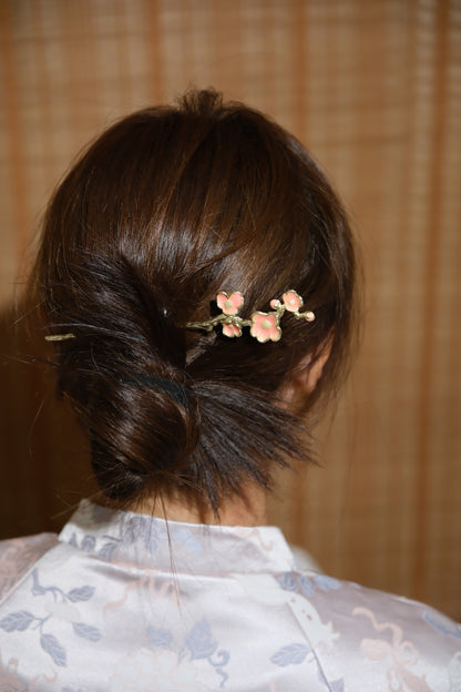 Vintage Wooden Tray & Pink Blossom Hairpin Set