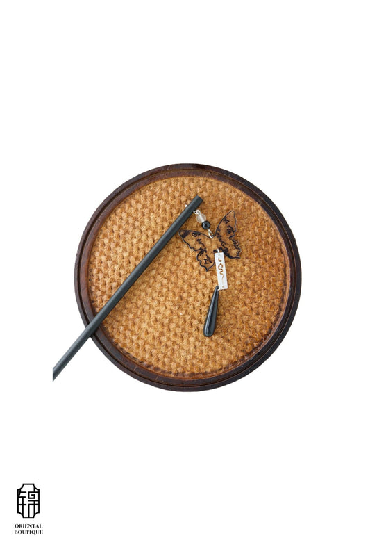 Vintage Wooden Tray & Butterfly Pendant Hairpin Set