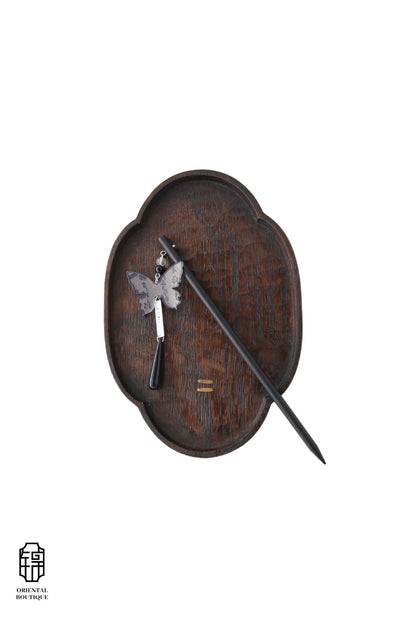 Vintage Wooden Tray & Butterfly Pendant Hairpin Set