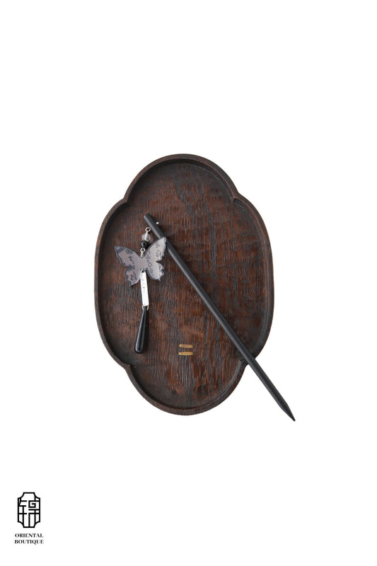 Vintage Wooden Tray & Butterfly Pendant Hairpin Set