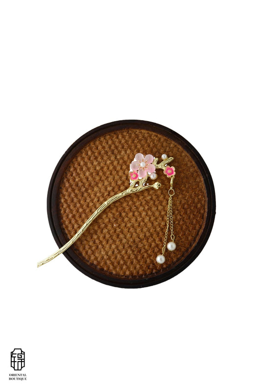 Vintage Wooden Tray & Pink Floral Pearl Tassel Hairpin Set