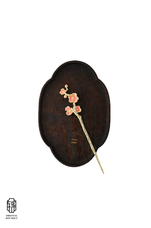 Vintage Wooden Tray & Pink Blossom Hairpin Set