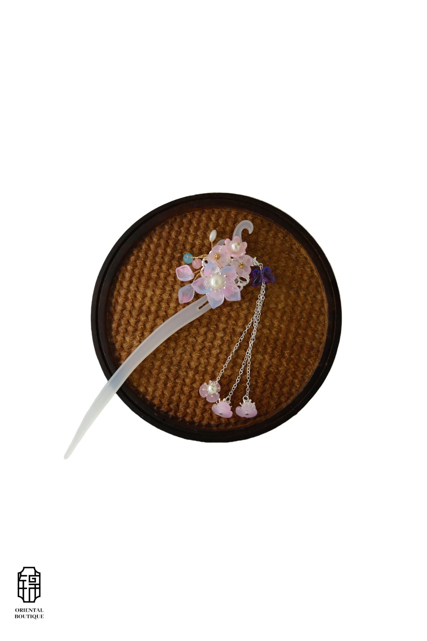 Vintage Wooden Tray & Pink Floral Tassel Hairpin Set