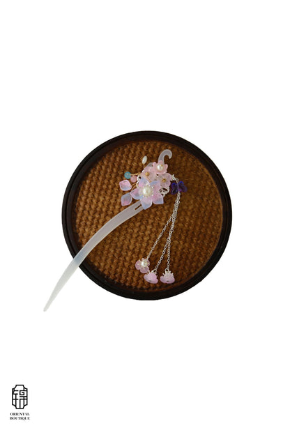 Vintage Wooden Tray & Pink Floral Tassel Hairpin Set