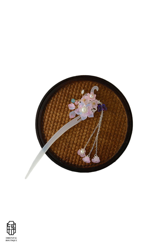 Vintage Wooden Tray & Pink Floral Tassel Hairpin Set