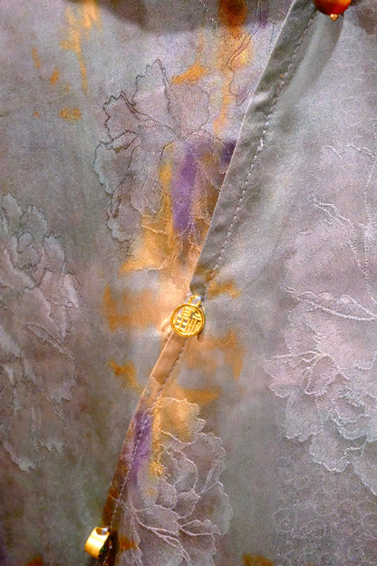 Artistic Jacquard Rayon Blouse – Blue & Gold Watercolor Print | New Chinese Style