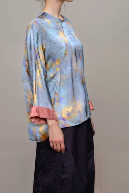 Artistic Jacquard Rayon Blouse – Blue & Gold Watercolor Print | New Chinese Style