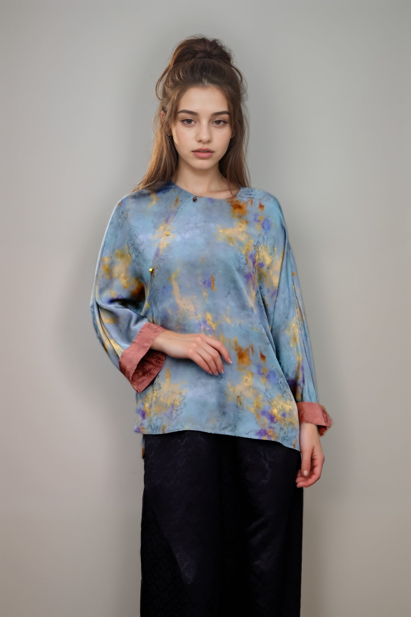 Artistic Jacquard Rayon Blouse – Blue & Gold Watercolor Print | New Chinese Style