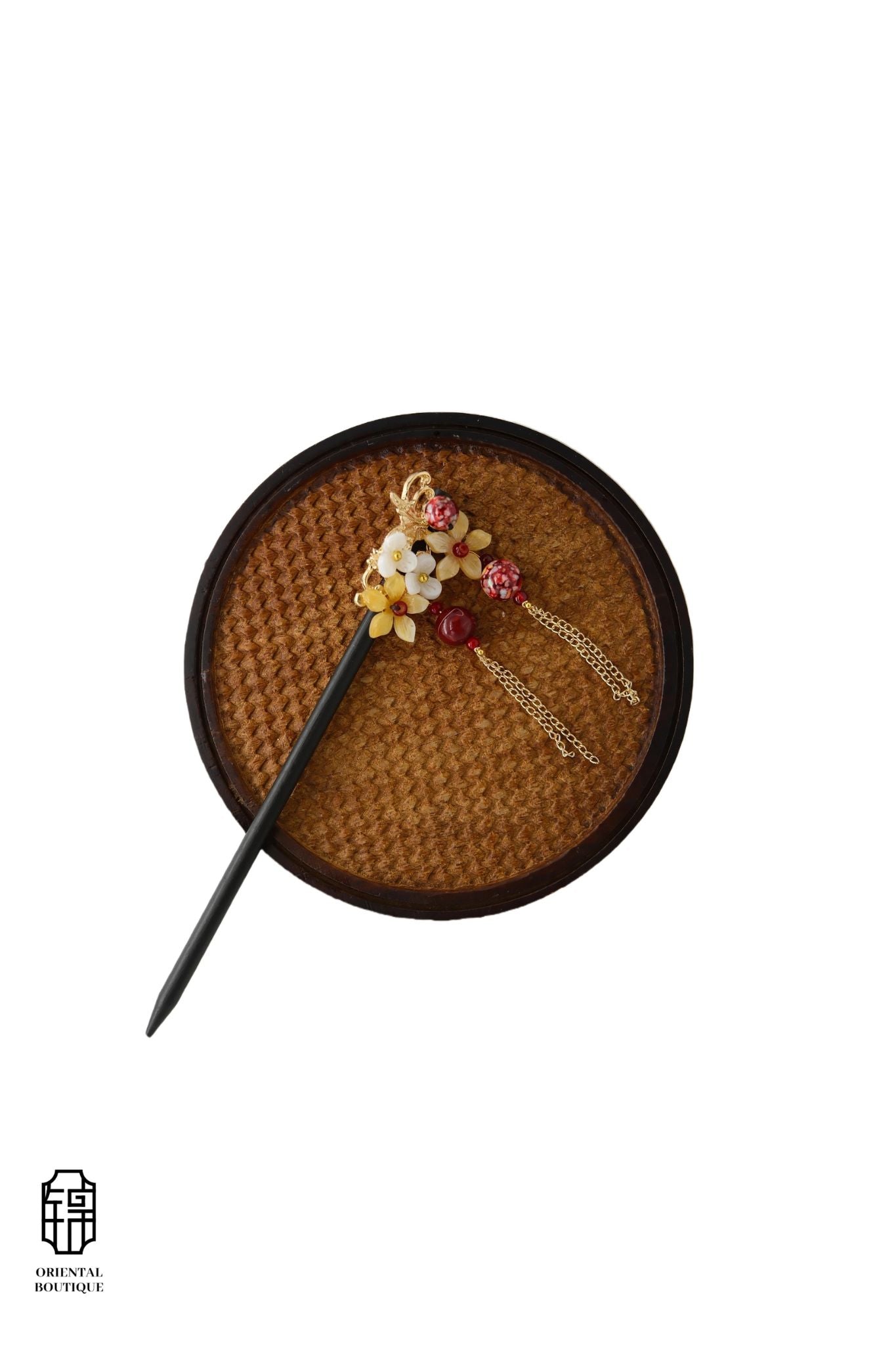Vintage Wooden Tray & Red Yellow Floral Tassel Hairpin Set