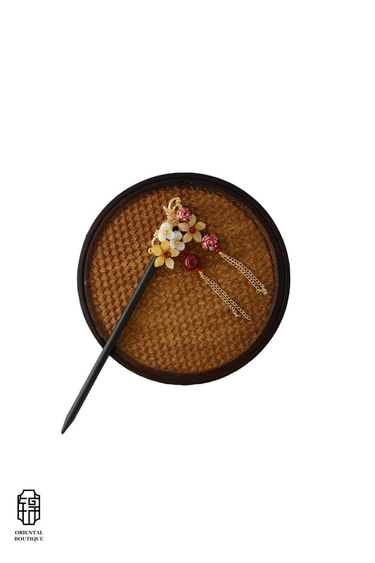 Vintage Wooden Tray & Red Yellow Floral Tassel Hairpin Set