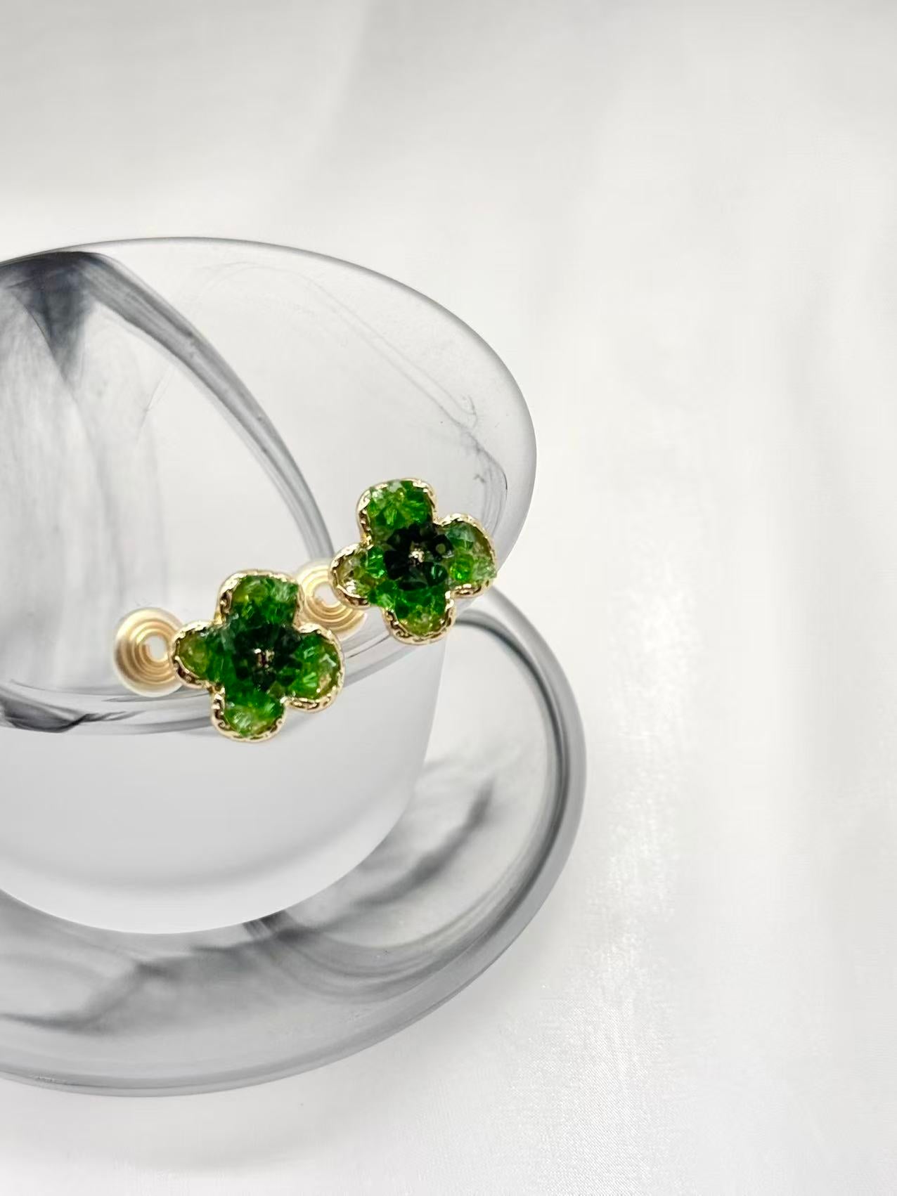 Clip earring - Green Four-Leaf Clover Earrings