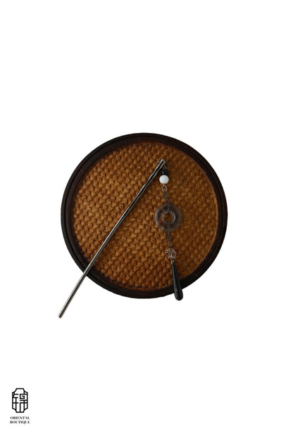 Vintage Wooden Tray & Silver Round Pendant Hairpin Set