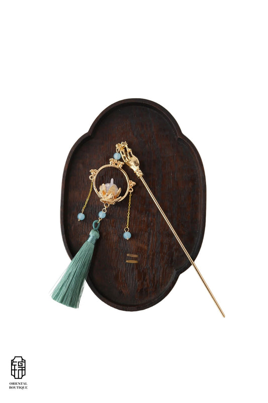 Vintage Wooden Tray & Lotus Tassel Hairpin Set
