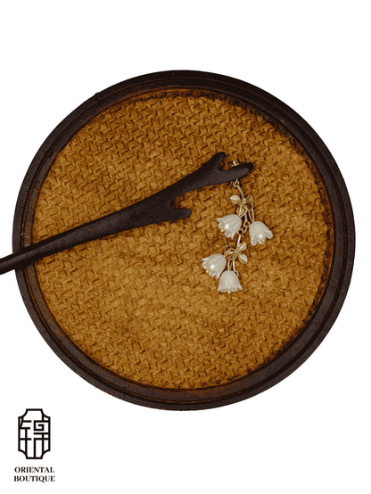 White Lily Bell Wooden Hairpin with Dangling Tassels