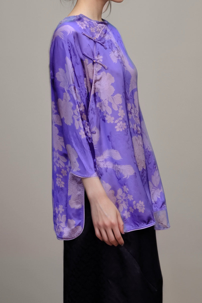 Silk Jacquard Phoenix Blouse – Premium Mulberry Silk in Purple | New Chinese Elegance