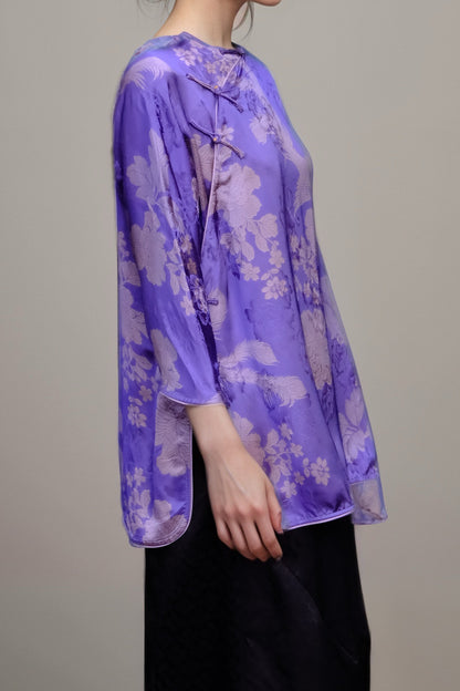 Silk Jacquard Phoenix Blouse – Premium Mulberry Silk in Purple | New Chinese Elegance