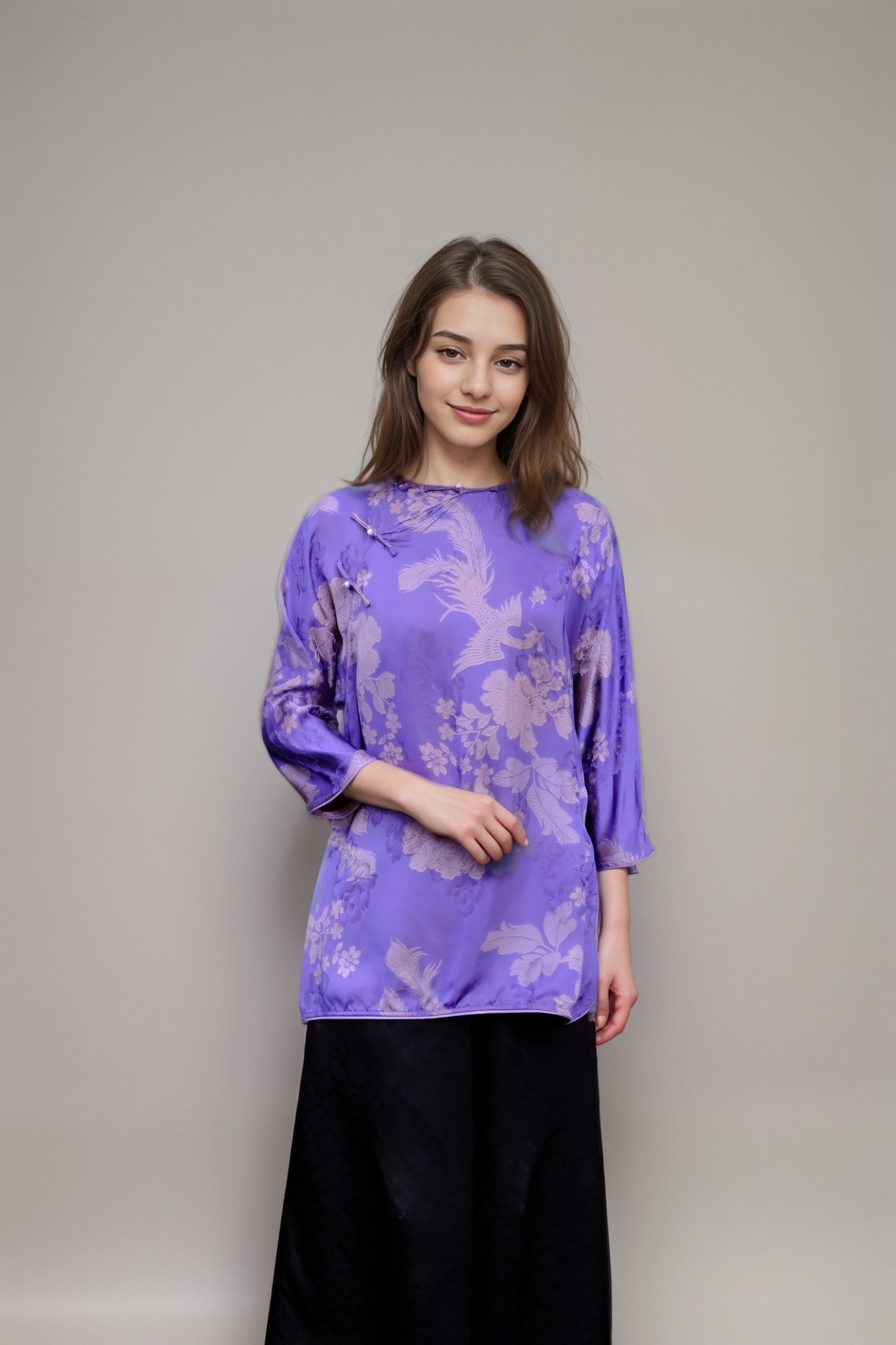 Silk Jacquard Phoenix Blouse – Premium Mulberry Silk in Purple | New Chinese Elegance
