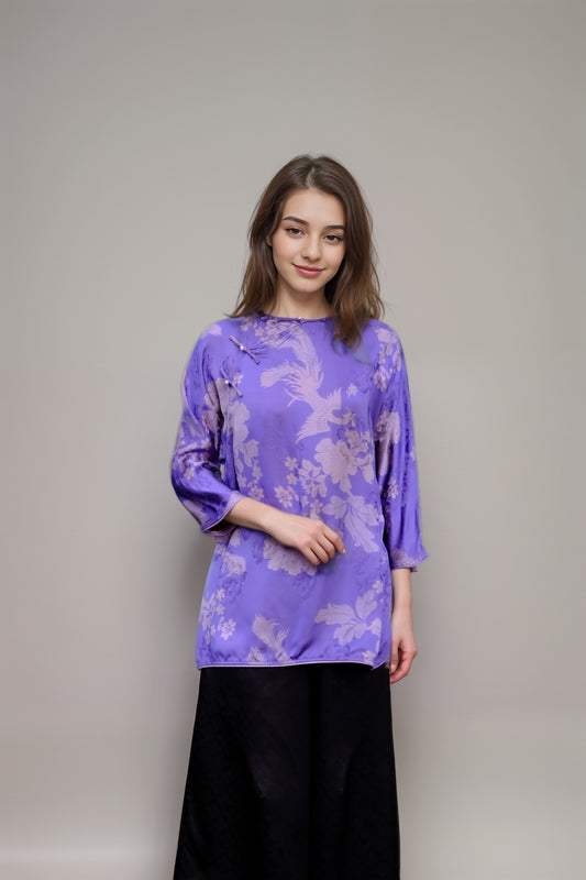 Silk Jacquard Phoenix Blouse – Premium Mulberry Silk in Purple | New Chinese Elegance