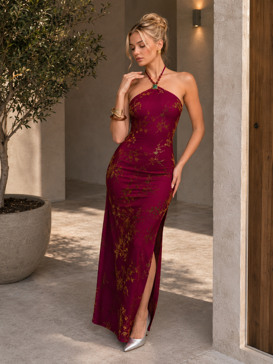 Crimson Orchid Halter Maxi Dress